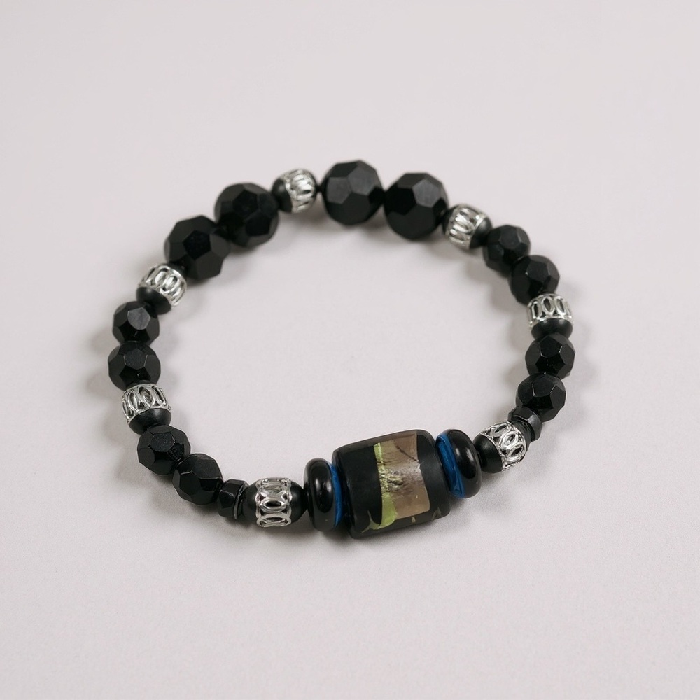 Handmade Black Stretch Bracelet With Glass Lampwork And Faceted Beads
